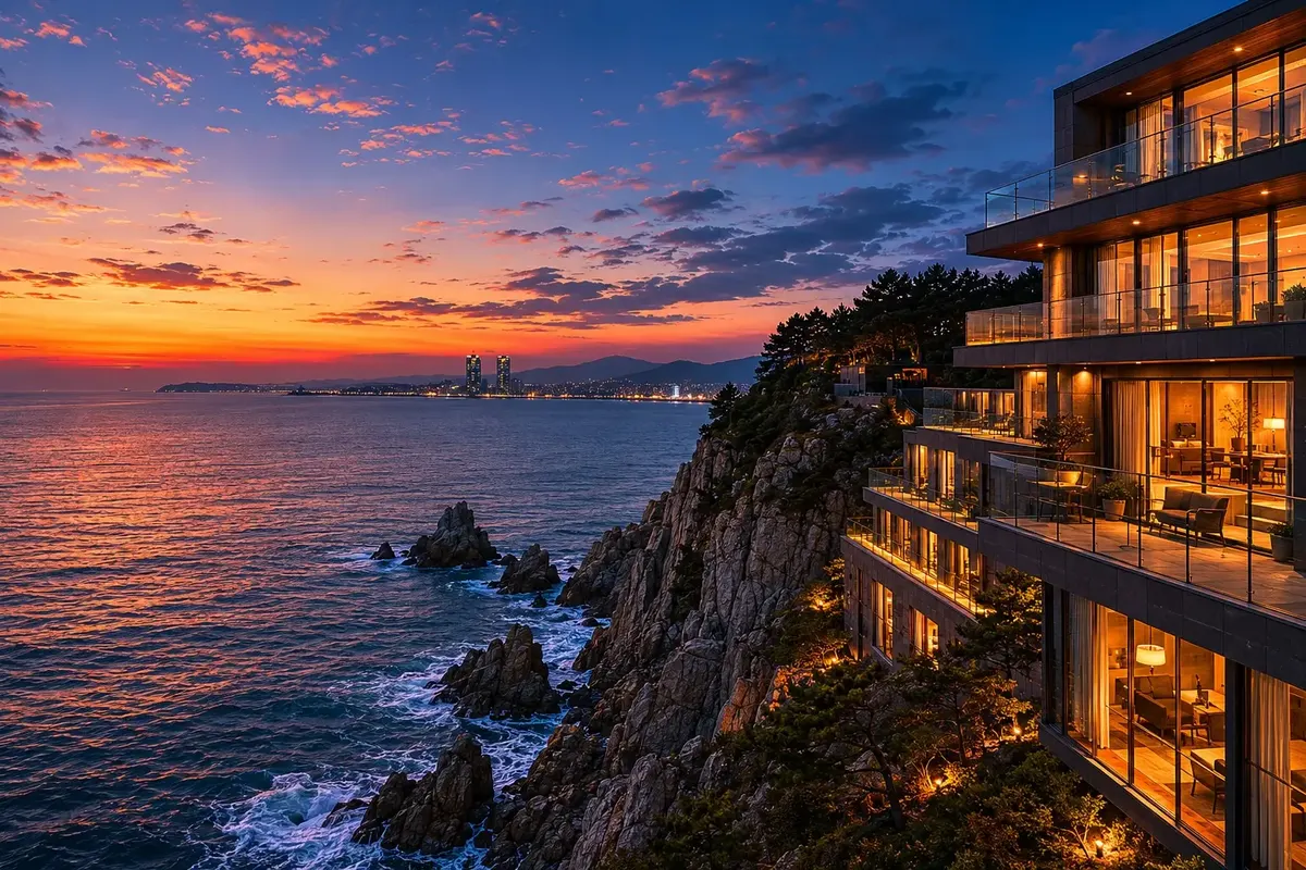 Haean Suites hotel Busan at dusk with dramatic coastal cliffs and ocean behind