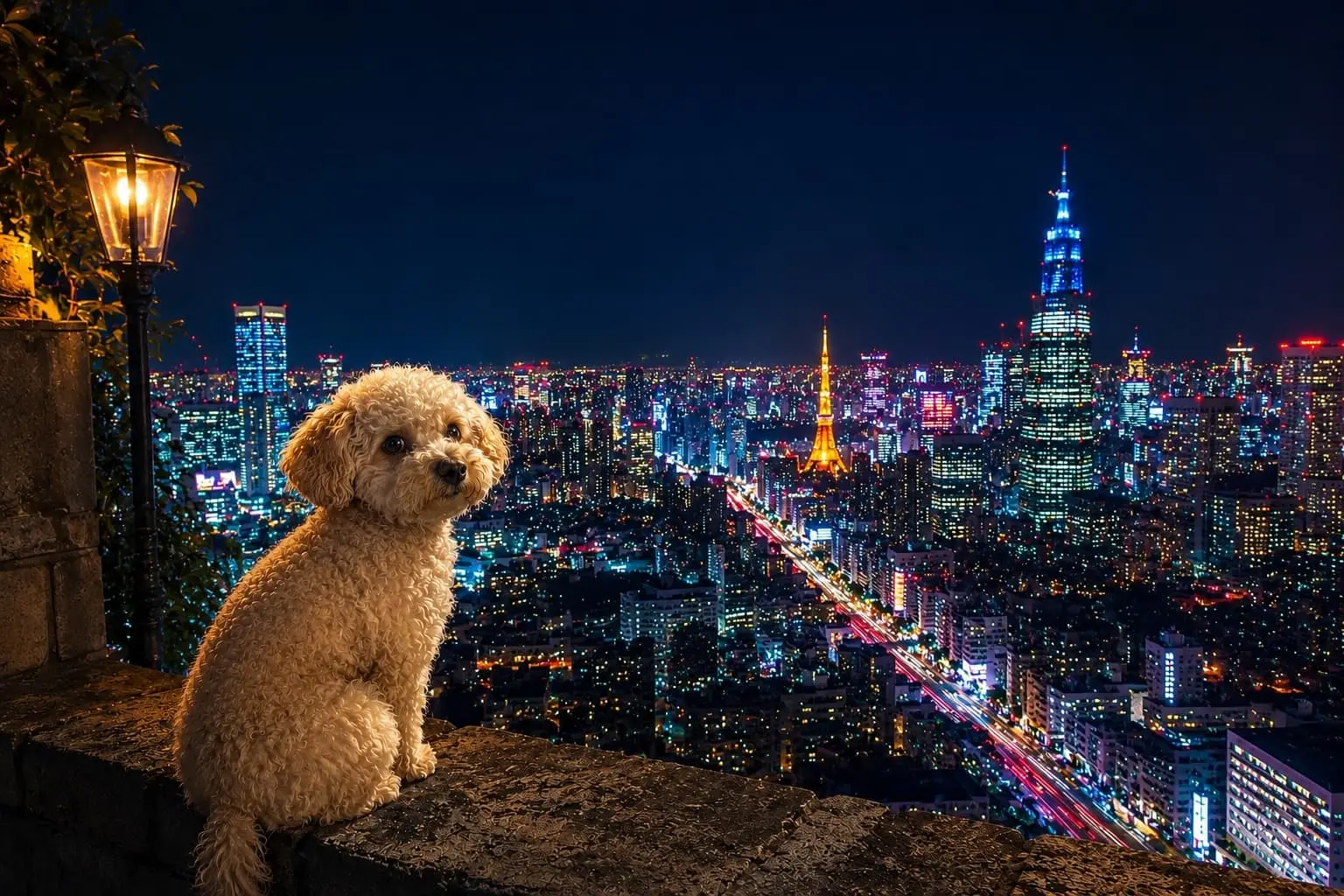Teddy overlooking Tokyo at night