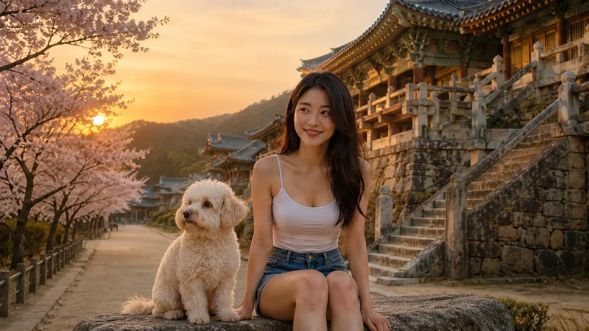 Teddy and Jiyeon at Bulguksa Temple, Gyeongju at sunset with cherry blossoms